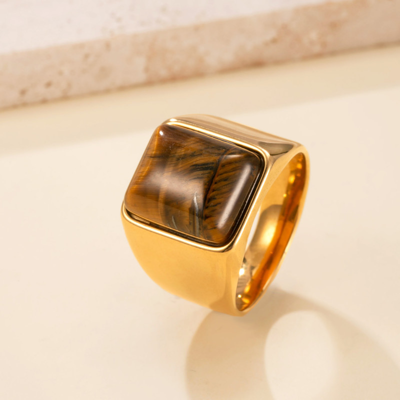 Cross-Border New Stainless Steel Ring for Men, Cast Geometric Tiger Eye Stone Index Finger Ring, Vintage Titanium Steel Jewelry, Factory Direct Sale