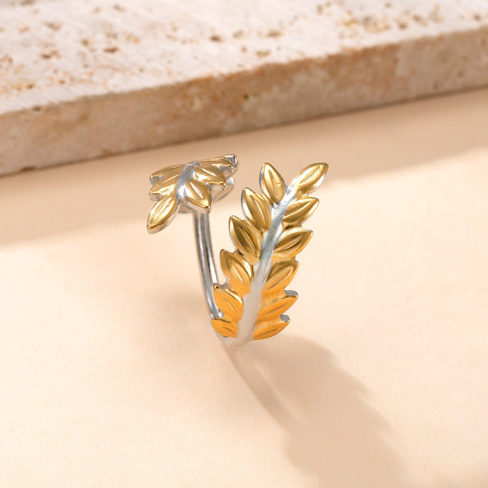 Fashion Stainless Steel Ring High-End Feel 18K Gold Plated Index Finger Ring Oil Pressure Color-Block Leaf Titanium S...