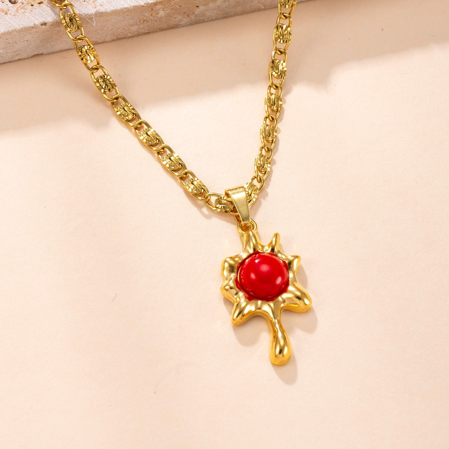 Single Pendant Cross-Border Exclusive Stainless Steel Necklace Niche Design Cast Maple Leaf Inlaid with Natural Stone Titanium Steel Jewelry Accessories