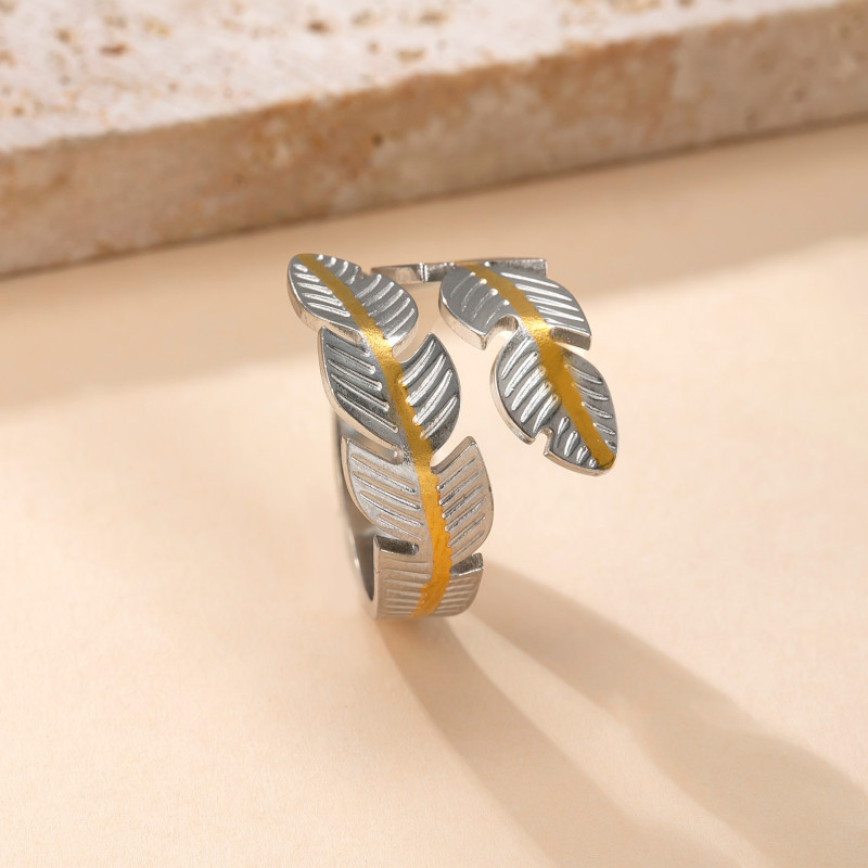 Cross-Border Fashion Stainless Steel Ring High-End Feel 18K Gold Plated Index Finger Ring Oil Pressure Color-Block Leaf Titanium Steel Open Ring
