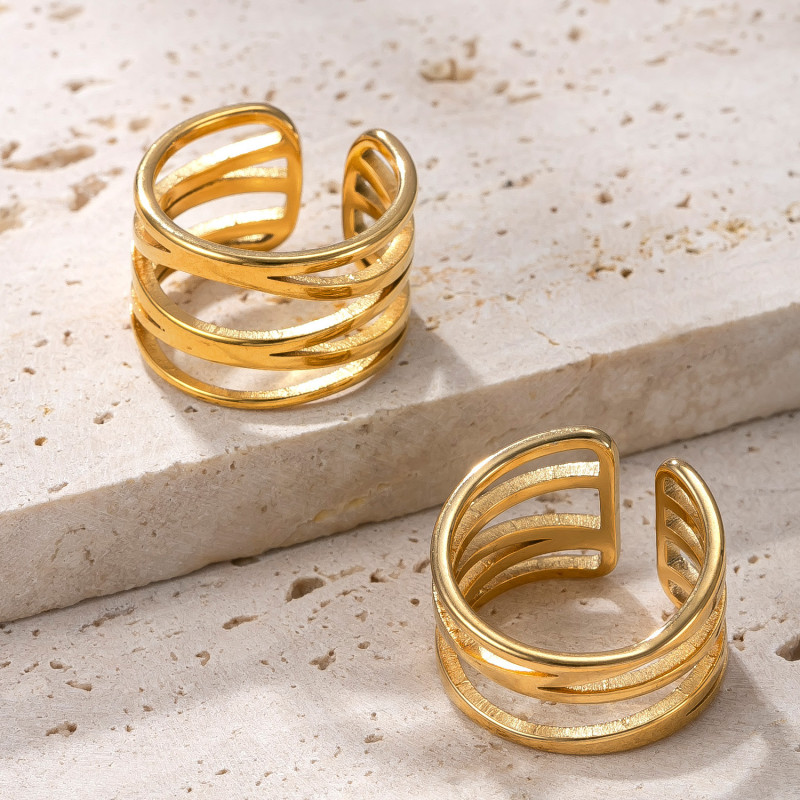 Cross-Border New Stainless Steel Ring Cut Cross Lines Hollow Ring Design Sense Plated 18k Gold Titanium Steel Jewelry