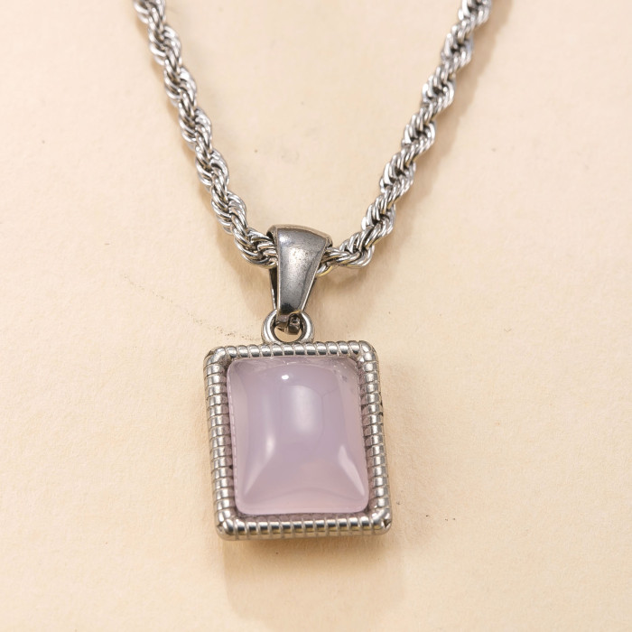 Single Pendant Stainless Steel Jewelry Light Luxury Retro Square Natural Stone Necklace DIY Accessories 18K Gold Plat...