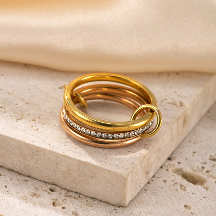 Hot-Selling Stainless Steel Jewelry 18K Gold Plated High-End Feel Stackable Ring Three-Layer Color Matching Stone-I...