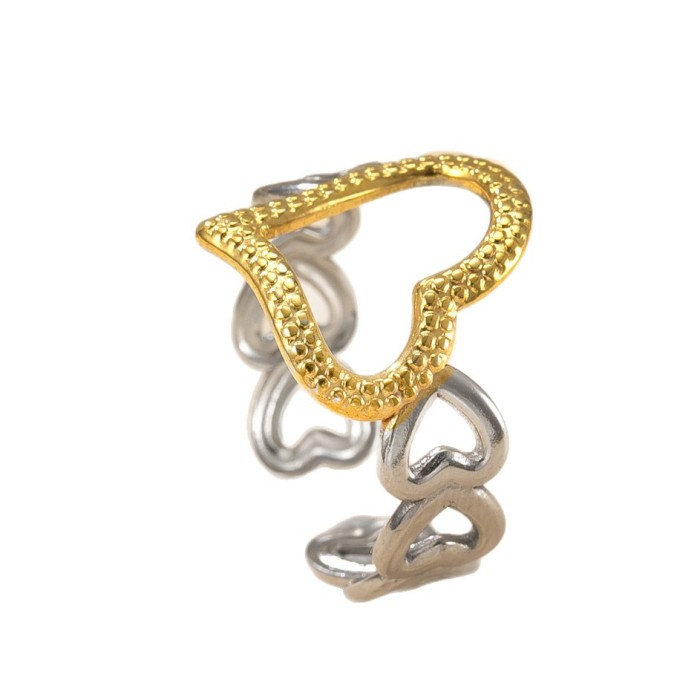 Cross-Border Hot Selling Stainless Steel Ring for Women, Niche Design, Color Block Open Ring, Oil Press Hollow Heart Titanium Steel Ring Factory