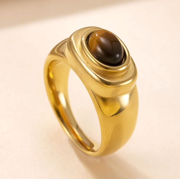 Cross-Border Hot Selling Titanium Steel Jewelry Light Luxury High-End Feel 18K Gold Plated Ring Casting Oval Zircon Stainless Steel Ring
