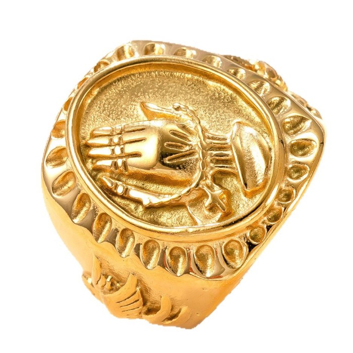 Hot-Selling Stainless Steel Ring for Men, Cast Handheld Prayer Ring, Vintage 18K Gold Plated Titanium Steel Jewelry W...