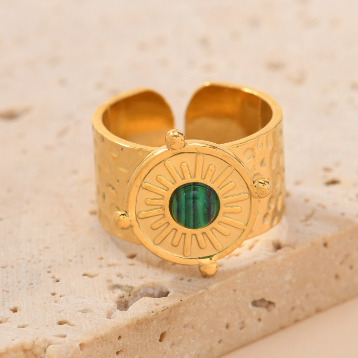Cross-Border Stainless Steel Jewelry Light Luxury Palace Style Oil Pressure Welding Round Plate Inlaid Turquoise Ring High-End Open Ring