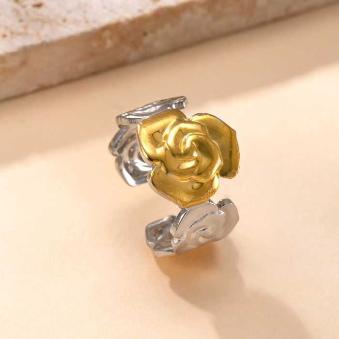 Cross-Border New Stainless Steel Ring Hydraulic Flower Heart Color-Block Ring Niche Design Personality Titanium Steel Jewelry Factory