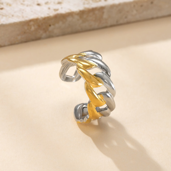 New Titanium Steel Jewelry High-End Feel 18K Gold Plated Open Ring Hydraulic Color-Block Leaf Stainless Steel Ring