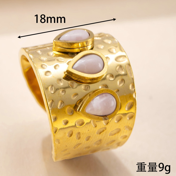 New Stainless Steel Jewelry Retro High-End Open Ring Hydraulic Water Drop Natural Stone Titanium Steel Ring Factory
