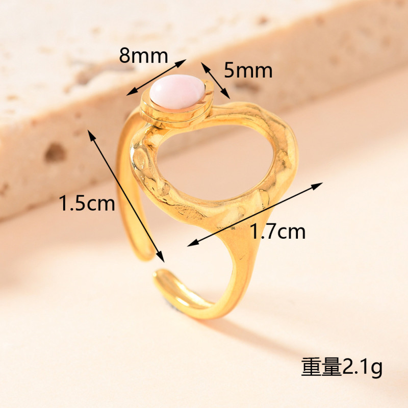 European and American New Style Stainless Steel Ring Hollow Oval Natural Stone Ring Light Luxury High-end Open Ring Titanium Steel Jewelry