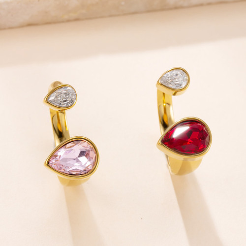 European and American Fashion Stainless Steel Ring Cast Inlaid with Colored Diamond Water Drop Shape Ring Light Luxury Versatile Zircon Open Ring