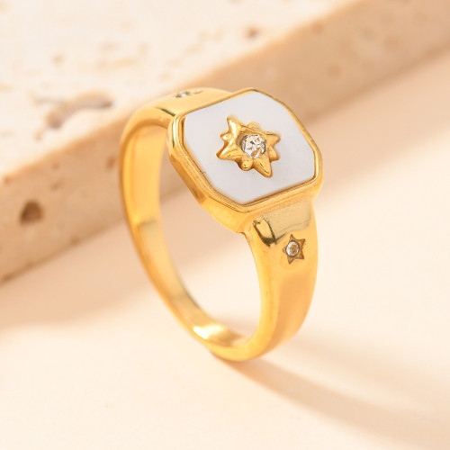 European and American Cross-Border Stainless Steel Ring for Women, Niche White Shell Inlaid Diamond Ring, North Star Ring, Titanium Steel Jewelry