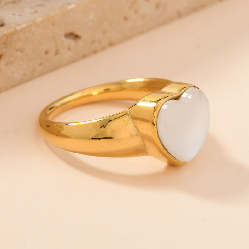 European and American Hot-Selling Titanium Steel Jewelry Natural Stone Heart Ring Niche Simple Style 18K Gold Plated Stainless Steel Ring Factory