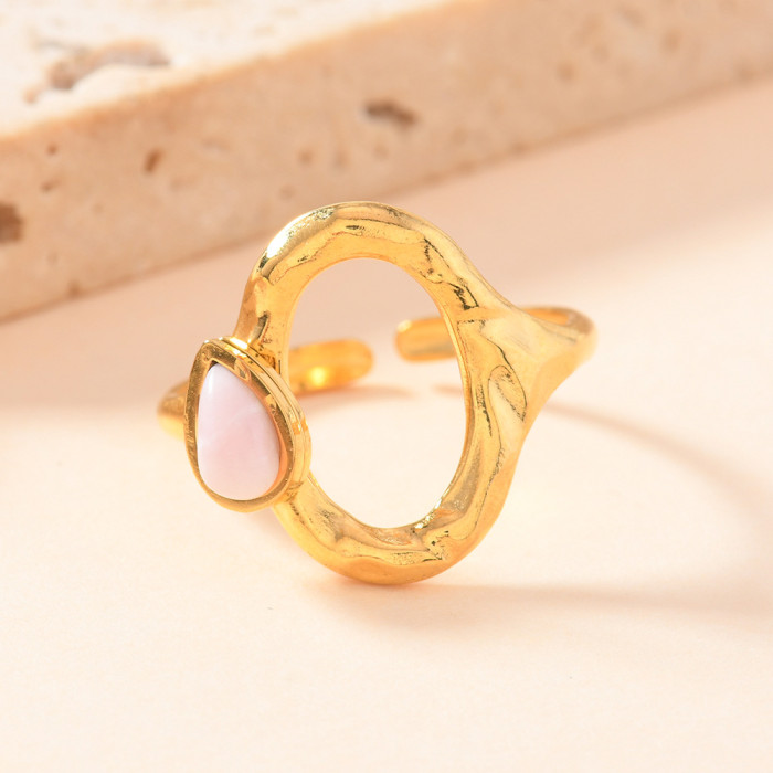 New Style Stainless Steel Ring Hollow Oval Natural Stone Ring Light Luxury High-end Open Ring Titanium Steel Jewelry