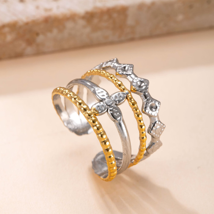 Cross-Border Hot Selling Stainless Steel Ring for Women, Niche Design, Color Block Open Ring, Oil Press Hollow Heart Titanium Steel Ring Factory