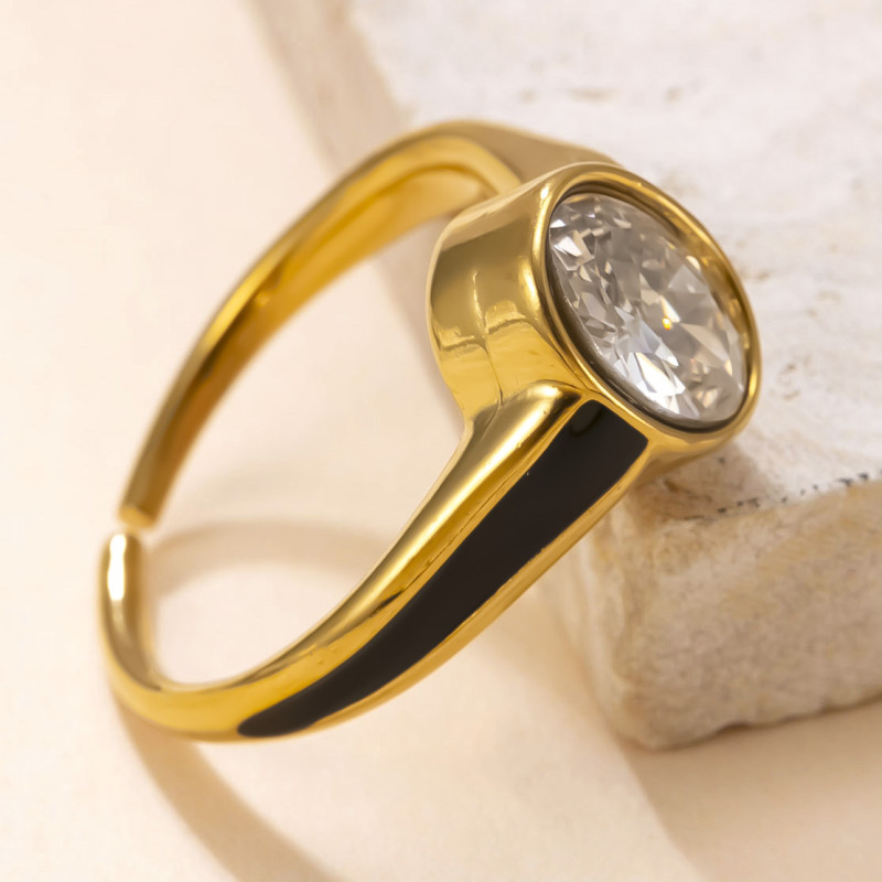 Cross-Border Exclusive Stainless Steel Ring with Black Oil Inlay Oval Zircon Fashion Simple Titanium Steel Jewelry Wholesale Factory