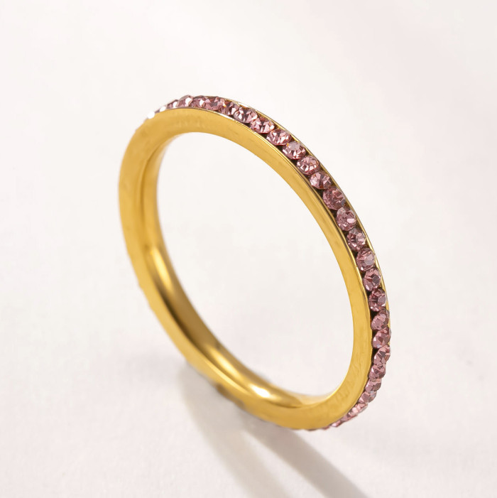 Cross-Border Hot-Selling Titanium Steel Jewelry 2mm Inlaid Colorful Diamond Couple Rings High-End Simple Stainless Steel Stackable Rings Factory