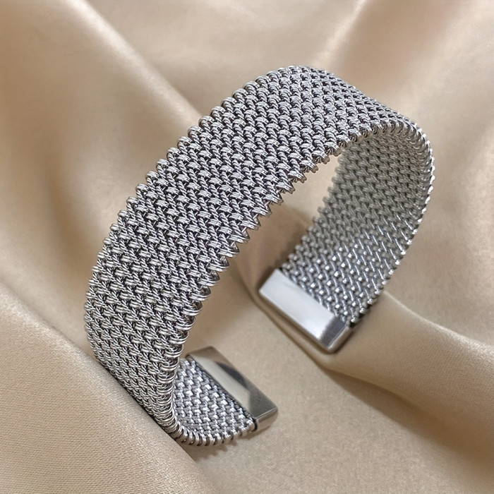 Hot-Selling Steel Wire Mesh Bracelet Light Luxury Elegant C-Type Open Bracelet for Women 18K Gold Plated Stainless St...