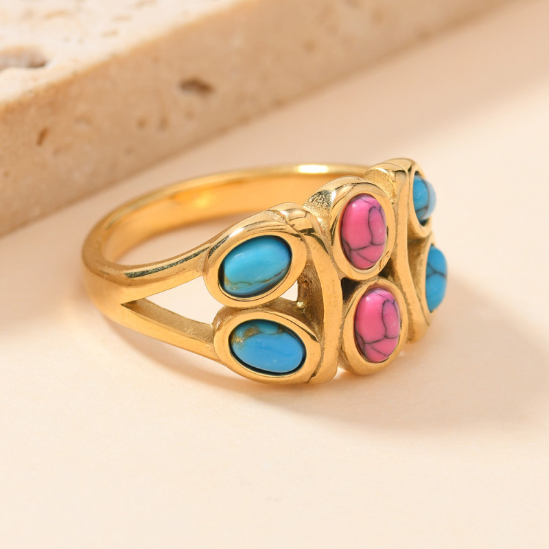 Cross-Border European and American Retro Stainless Steel Jewelry Casting Inlaid Oval Turquoise Titanium Steel Ring for Women 18k Plated Jewelry Manufacturer