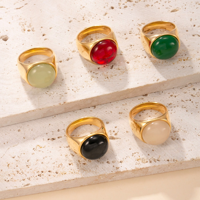 Cross-Border Foreign Trade Jewelry Cast Round Natural Stone Titanium Steel Ring Vintage Retro Stainless Steel Couple Rings