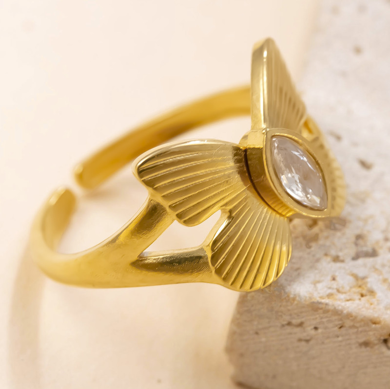 Cross-Border Hot-Selling Titanium Steel Jewelry Korean Style Design 18K Gold Plated Ring for Women Hydraulic Butterfly Inlaid Diamond Open Ring