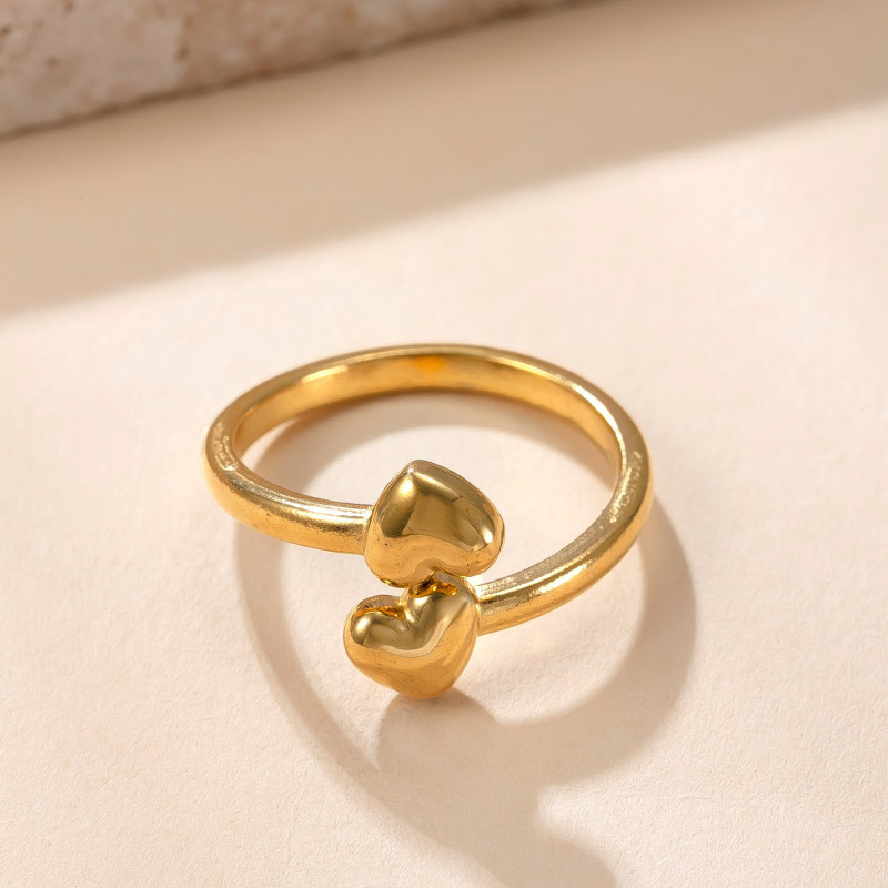 Cross-Border Hot Selling Stainless Steel Ring Double Heart Open Ring Korean Style Simple 18K Gold Plated Titanium Steel Jewelry Wholesale Factory