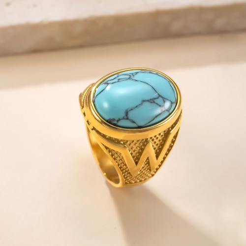 Amazon New Stainless Steel Ring Casting Geometric Blue Turquoise Couple Ring Retro Light Luxury Style Titanium Steel Jewelry