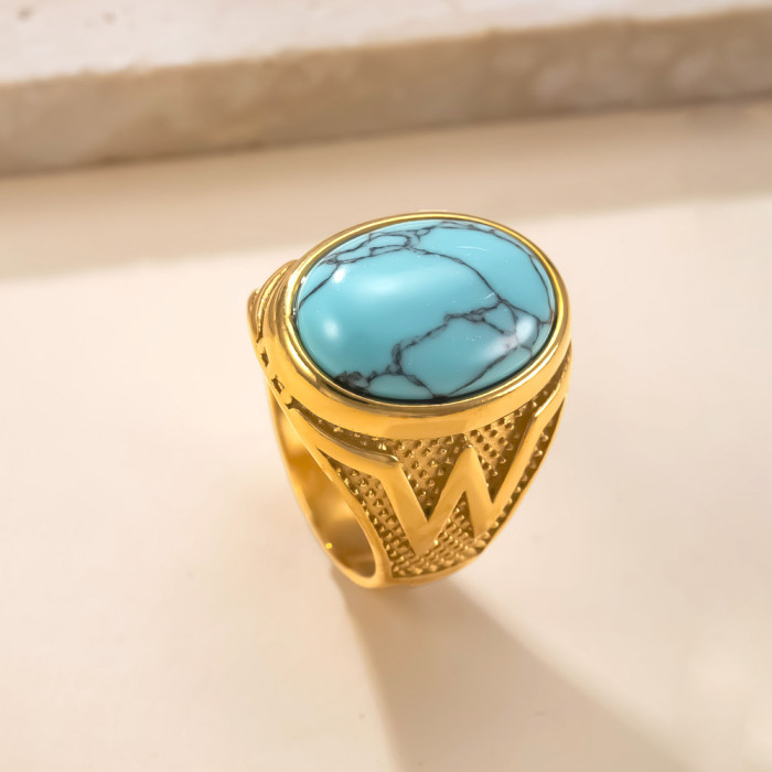 Amazon New Stainless Steel Ring Casting Geometric Blue Turquoise Couple Ring Retro Light Luxury Style Titanium Steel...