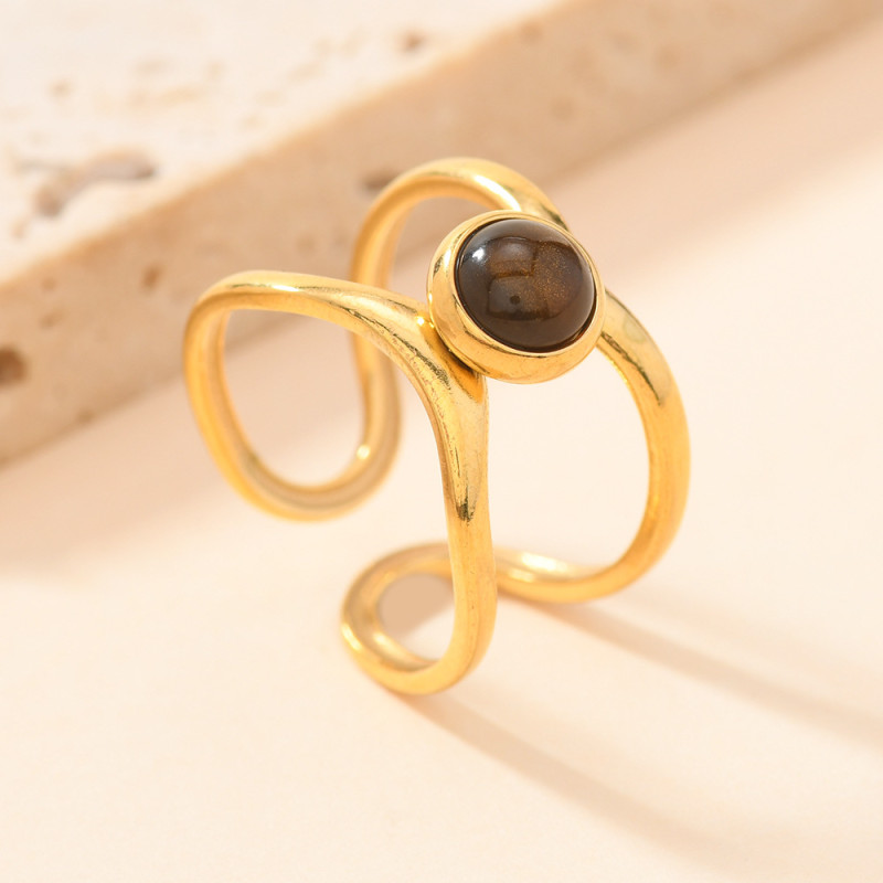 Cross-Border New Stainless Steel Ring Bohemian Double Line Natural Stone Ring 18K Gold Plated Ring Jewelry