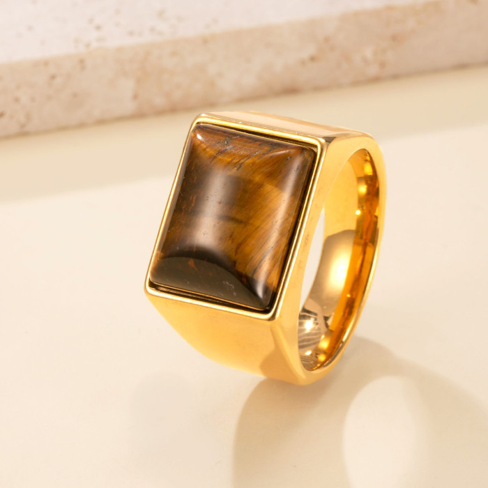 New Style Stainless Steel Ring Casting Tiger Eye Stone Geometric Ring Vintage Style Couple Rings Wholesale Manufacturer