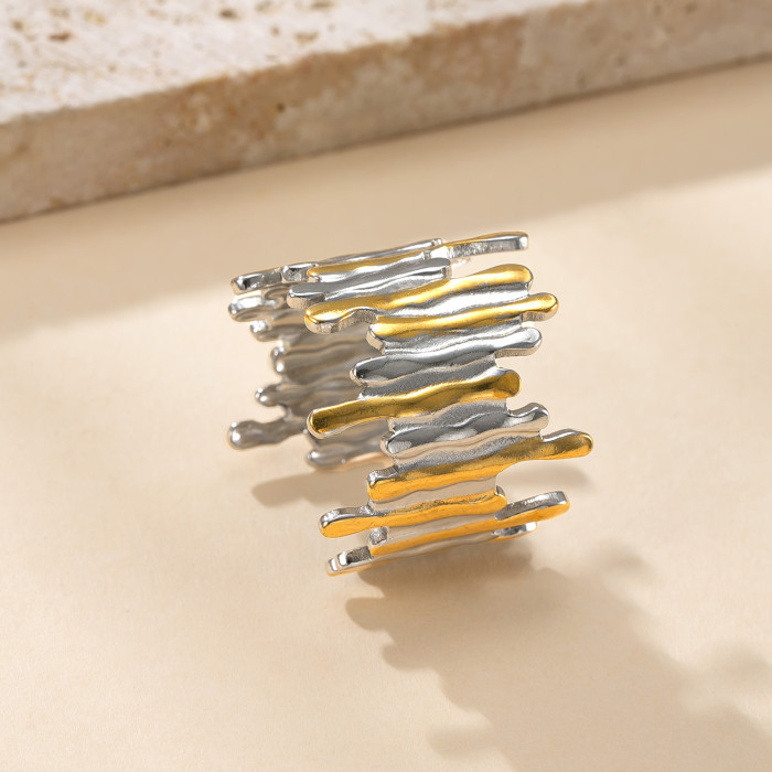 New Titanium Steel Jewelry High-End Feel 18K Gold Plated Open Ring Hydraulic Color-Block Leaf Stainless Steel Ring