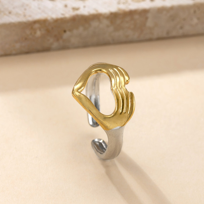 Cross-Border Hot Selling Stainless Steel Ring for Women, Niche Design, Color Block Open Ring, Oil Press Hollow Heart Titanium Steel Ring Factory