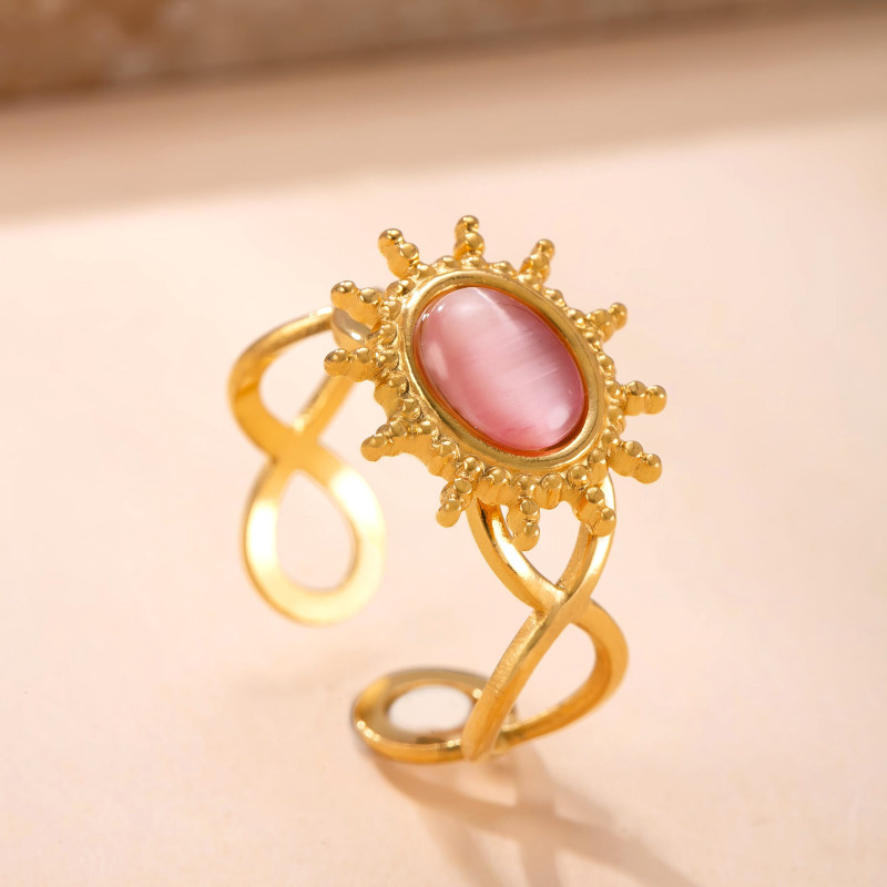 Cross-Border New Stainless Steel Ring Welding Brand Sunflower Inlaid Cat's Eye Stone Open Ring Vintage Palace Style Titanium Steel Jewelry