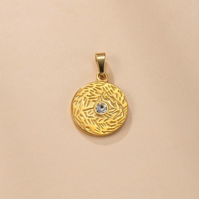 Single Pendant Cross-Border Stainless Steel Casting Jewelry Round Plate Inlaid Diamond Necklace Accessories Light Luxury Retro DIY Jewelry Wholesale