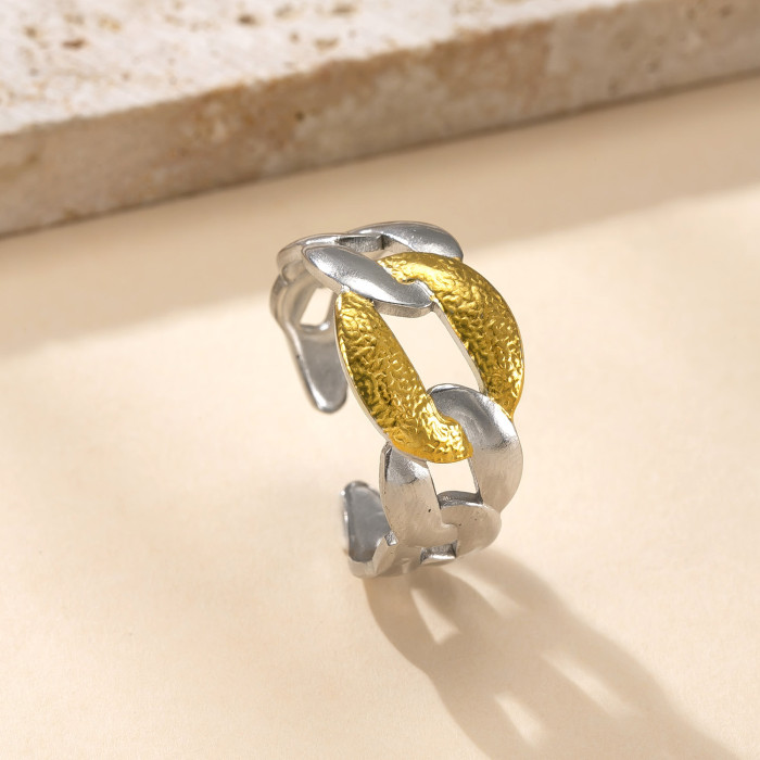 New Titanium Steel Jewelry High-End Feel 18K Gold Plated Open Ring Hydraulic Color-Block Leaf Stainless Steel Ring