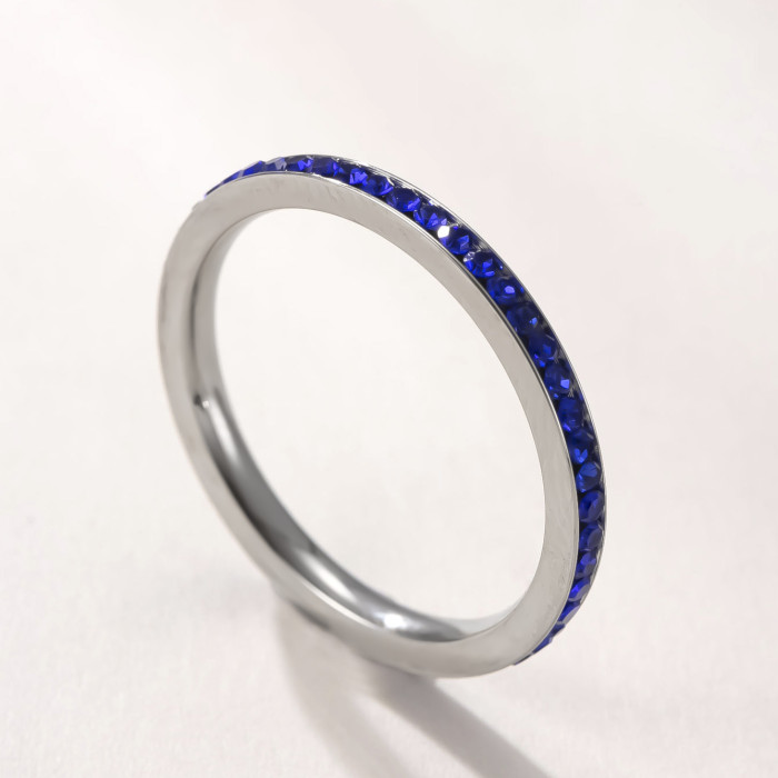 Cross-Border Hot-Selling Titanium Steel Jewelry 2mm Inlaid Colorful Diamond Couple Rings High-End Simple Stainless Steel Stackable Rings Factory