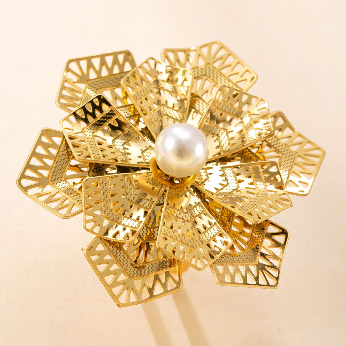 Cross-Border New Stainless Steel Ring Hollow Multi-Layer Flower Inlaid Pearl Open Ring Vintage Light Luxury Titanium Steel Jewelry