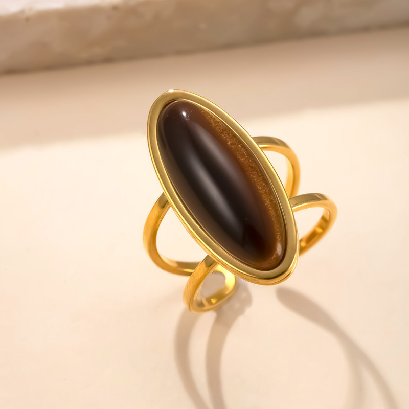 Cross-Border Hot Selling Open Ring Hydraulic Oval Natural Stone Stainless Steel Ring Simple 18K Gold Plated Titanium Steel Jewelry