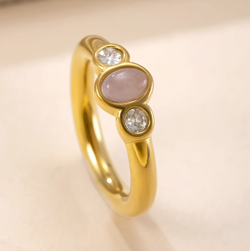 Cross-Border Hot Selling Stainless Steel Ring Oval Natural Stone Inlaid Diamond Couple Rings High-End Simple Titanium Steel Jewelry Factory