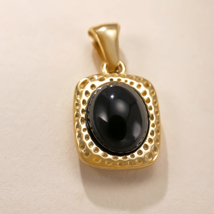 Single Pendant Stainless Steel Jewelry Square Inlaid Oval Natural Stone Necklace Vintage Light Luxury Titanium Steel...