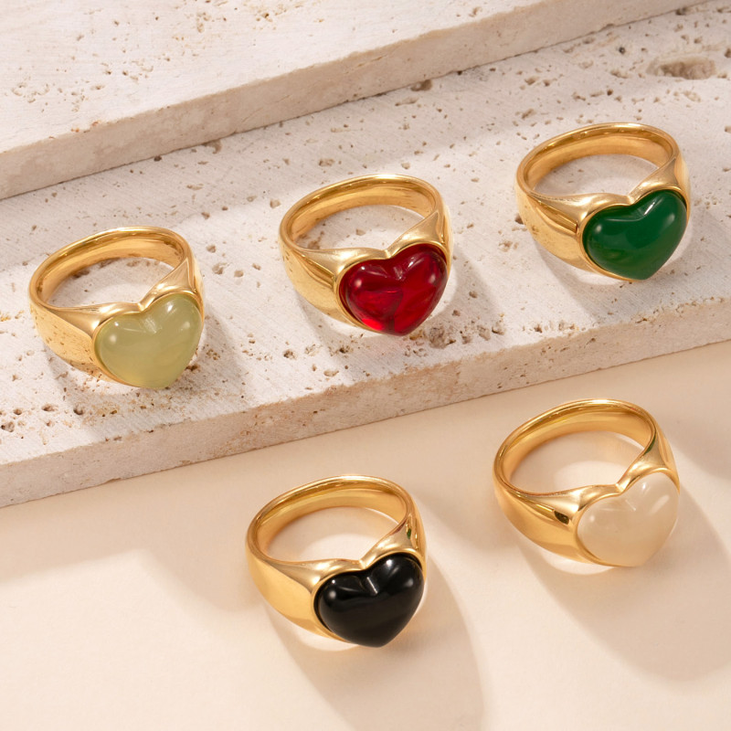 Cross-Border Hot Selling Stainless Steel Ring for Women, Cast Heart Natural Stone Index Finger Ring, Light Luxury High-End Titanium Steel Jewelry Factory