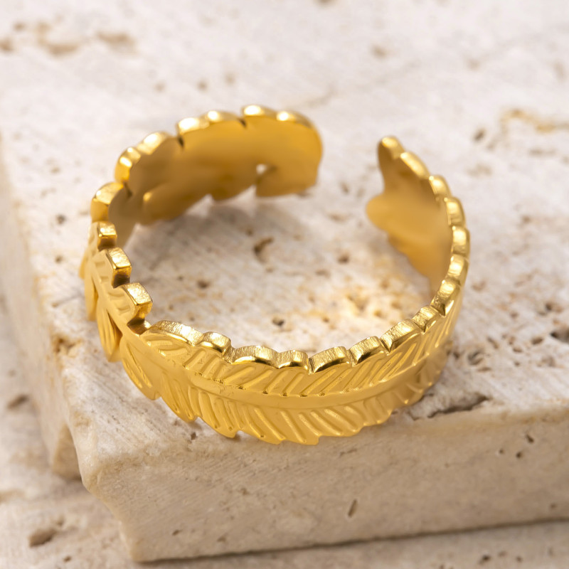 Cross-Border Exclusive Titanium Steel Jewelry Fashion Vacuum Electroplated 18k Gold Ring Hydraulic Leaf Stainless Steel Open Ring