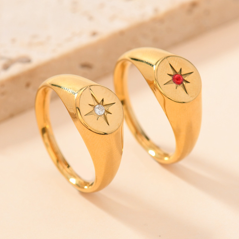 European and American Cross-Border Stainless Steel Ring Fashion Simple Cast Oval Eight-Pointed Star Ring with Diamond Inlay Women's Jewelry