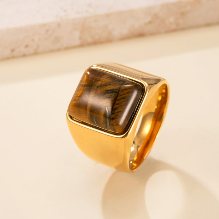 Cross-Border New Stainless Steel Ring for Men, Cast Geometric Tiger Eye Stone Index Finger Ring, Vintage Titanium Steel Jewelry, Factory Direct Sale