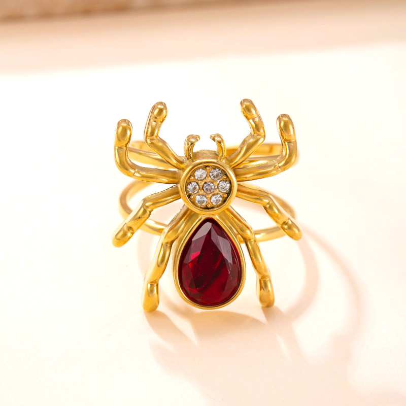 Amazon Hot-Selling Stainless Steel Ring Welding Brand Spider Inlaid Diamond Ring Gothic Sweet Cool Titanium Steel Non-Fading Jewelry Factory