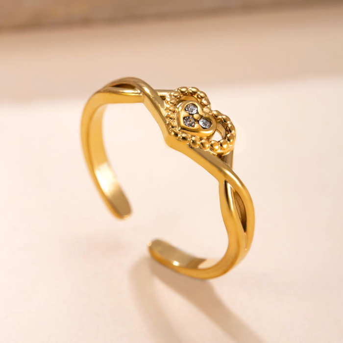 Hot-Selling Titanium Steel Jewelry Fashion Versatile 18K Gold Plated Ring Casting Heart-Shaped Stone-Studded Stainl...