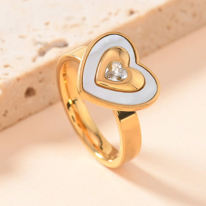 Stainless Steel Ring Fashion Versatile Welded Brand Heart-Shaped Stone Ring High-End Light Luxury Shell Ring