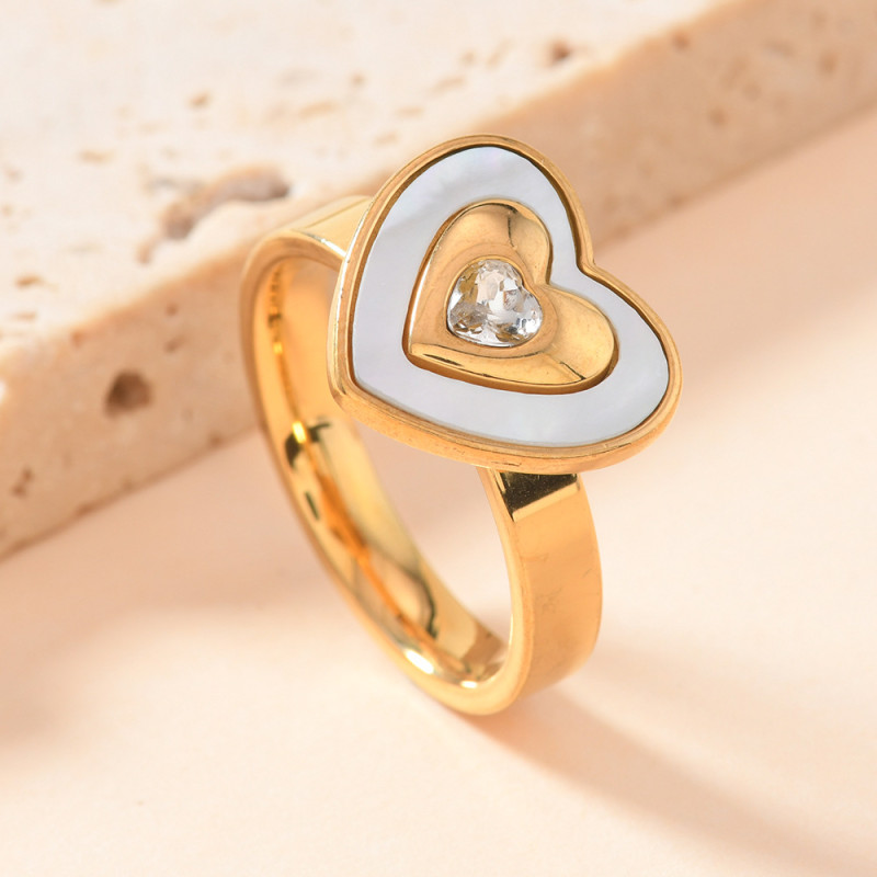 European and American Cross-Border Stainless Steel Ring Fashion Versatile Welded Brand Heart-Shaped Diamond Ring High-End Light Luxury Shell Ring