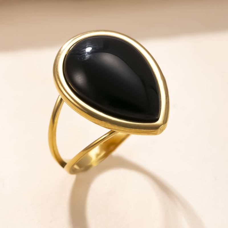Cross-Border New Stainless Steel Ring Palace Style Oil Pressure Water Drop Shaped Gemstone Ring Size Couple Ring Hand Jewelry